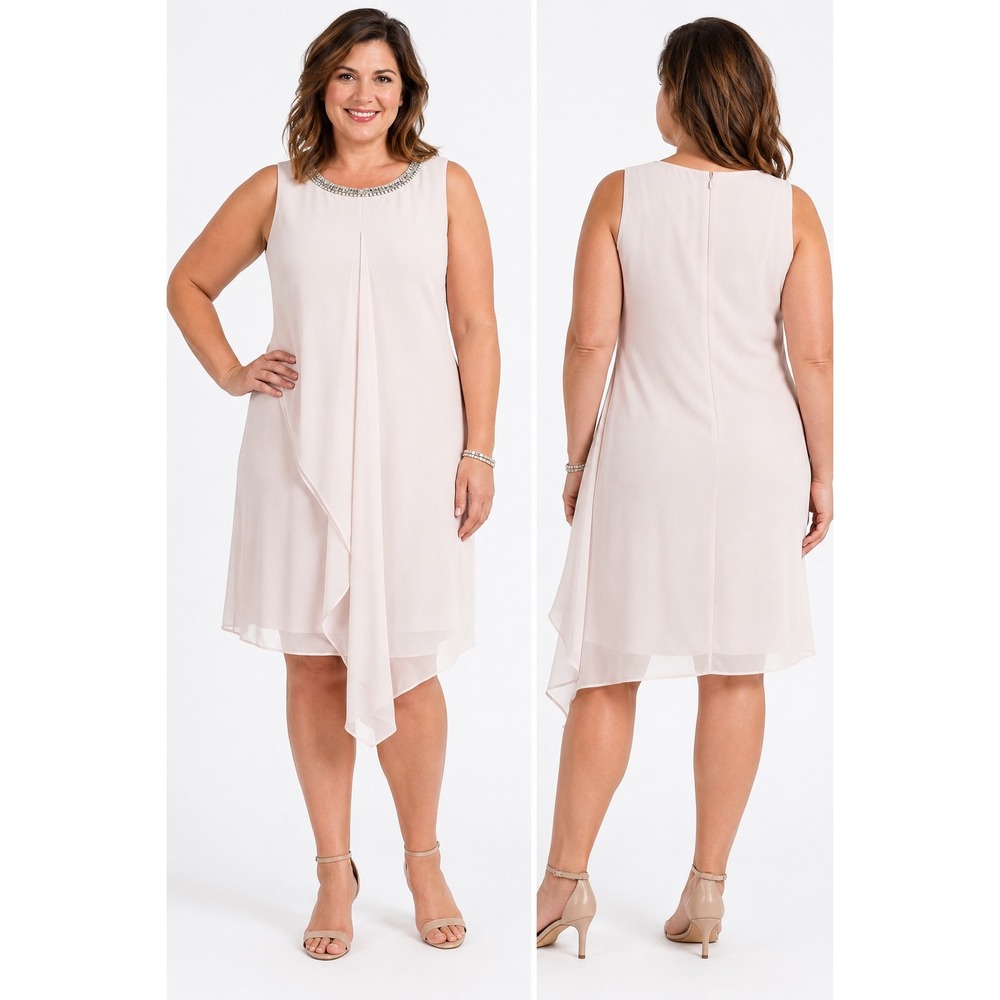 Dressbarn Collection Pink Chiffon Embellished Neck Asymmetrical Dress Womens 14